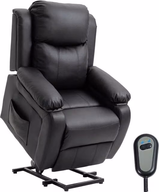 Poltrona alzapersona elettrica relax reclinabile in PU con telecomando poggiapiedi e 2 tasche 76x90x105cm nero