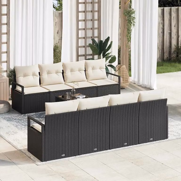 Set di divani da giardino vidaXL a forma di U con 7 pezzi, colore nero e beige, in rattan con struttura in metallo e cuscini inclusi