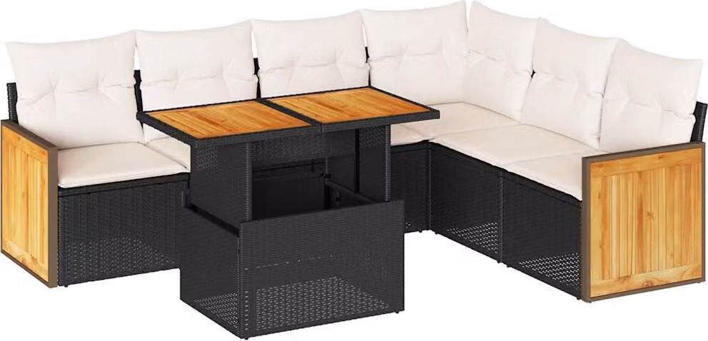 Set Divani da Giardino con Cuscini 7pz Nero Polyrattan Acacia