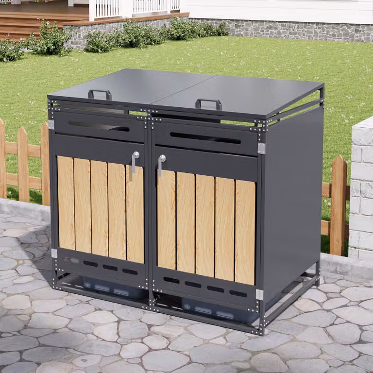 MODFU Cassonetto per rifiuti da esterno con coperchio idraulico, rivestimento verticale effetto legno, fori di ventilazione oblunghi, bidone della spazzatura da giardino con serratura, armadio portaoggetti a doppia anta, nero