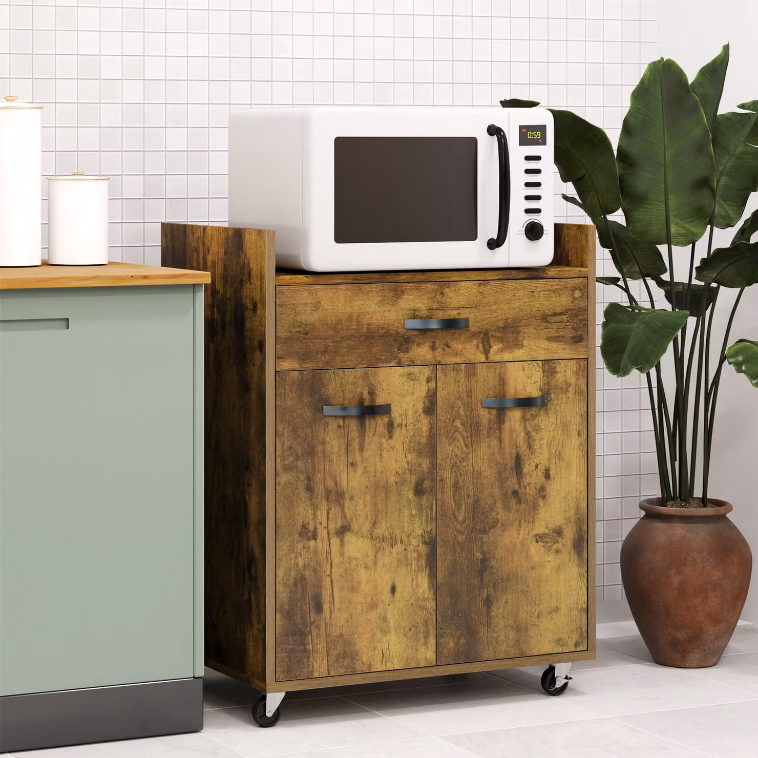 Carrello da cucina HOMCOM in legno marrone rustico con cassetto, armadietto e 4 ruote, L 60 cm x P 40 cm x H 77 cm – 2