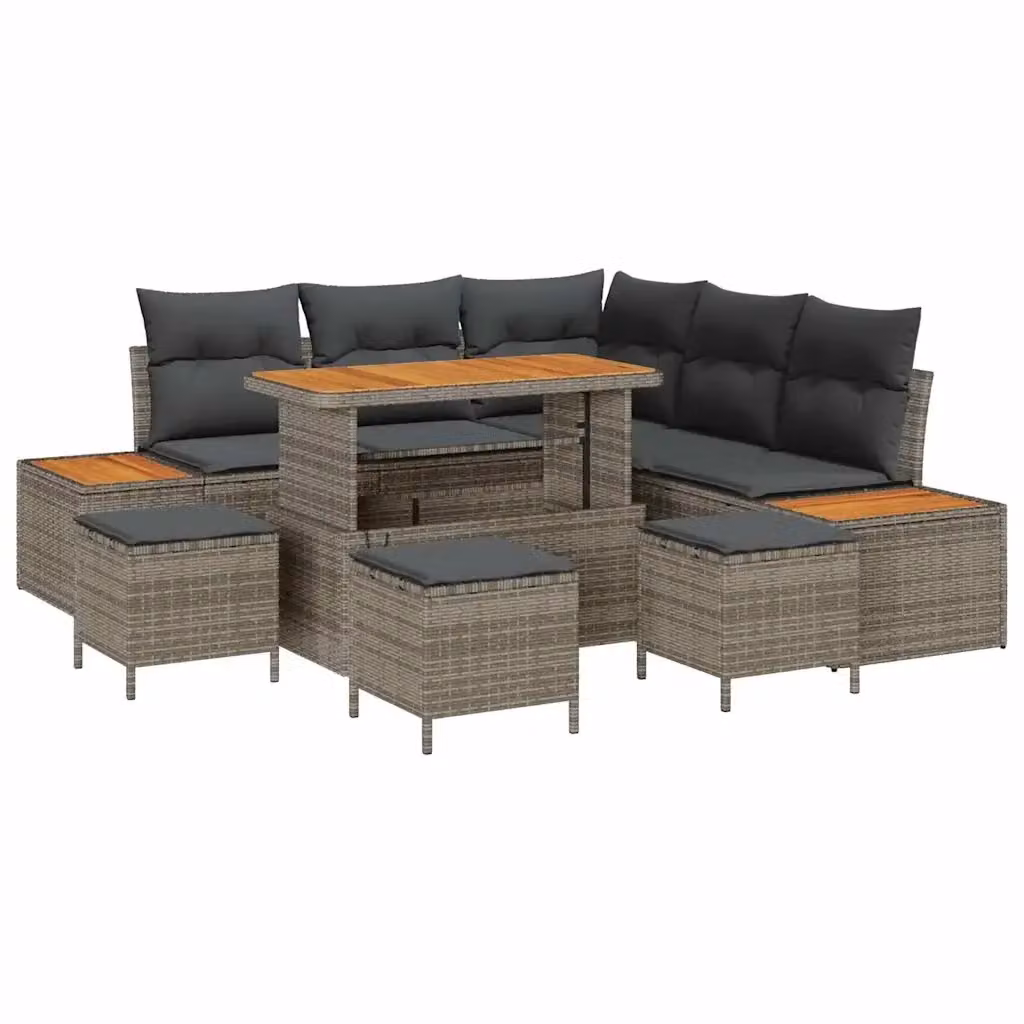 vidaXL Set Divano da Giardino 9 Pezzi in Rattan Grigio con Cuscini e Tavolino – 2
