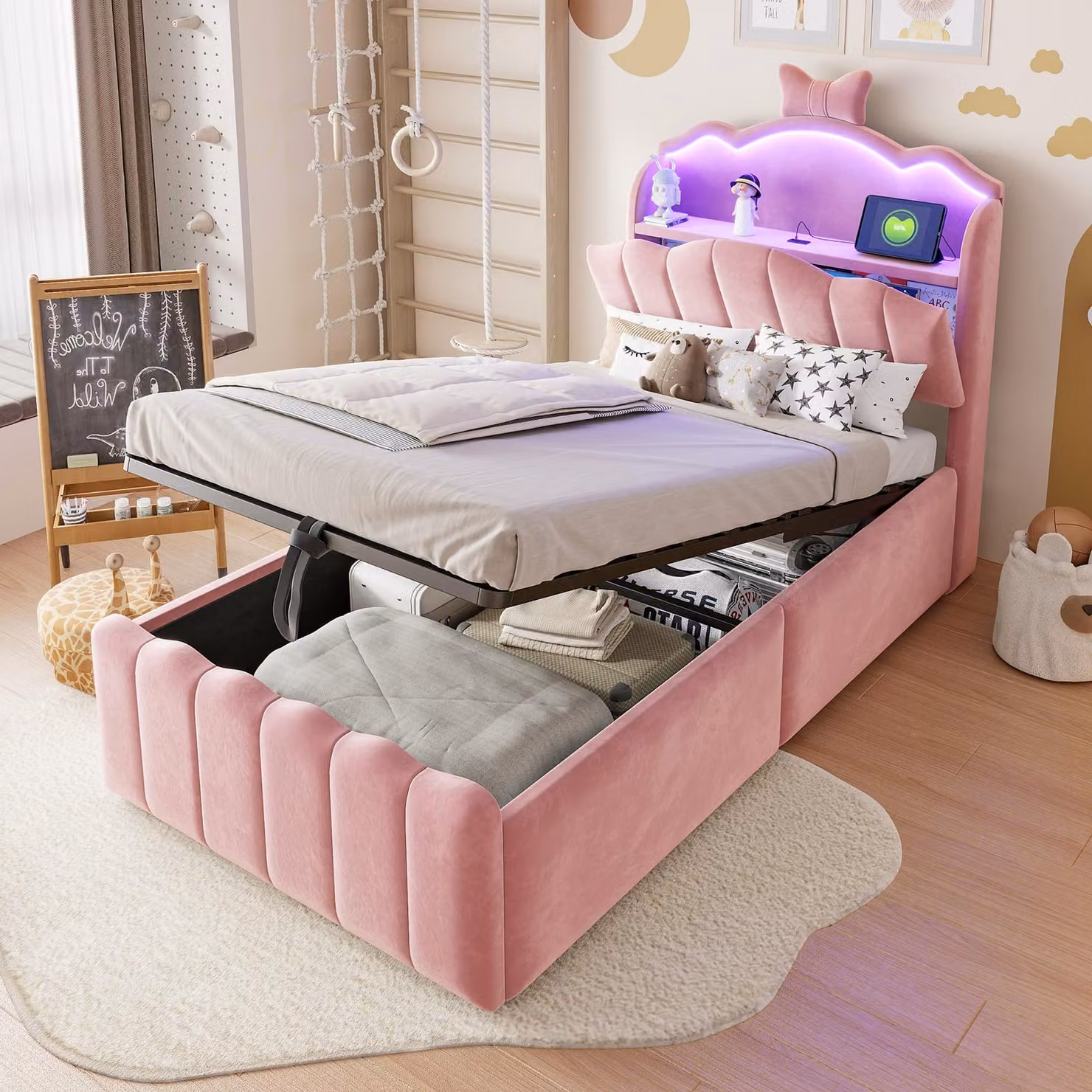 Letto per bambini MODFU, modello contenitore con molle a scatola, 90x200 cm, con spazio contenitore idraulico, letto per ragazzi con materasso, letto imbottito con testiera LED, rivestito in velluto, colore rosa