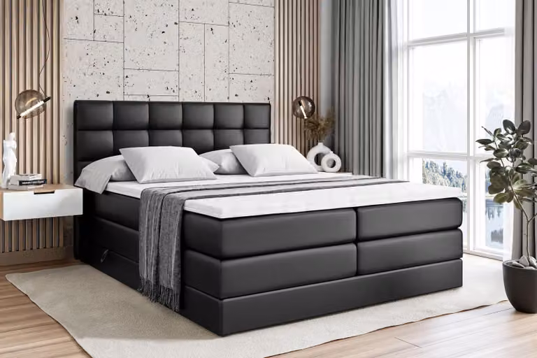 Letto boxspring ALTDECOR con materasso e rete a doghe - APO KING - 200x200 cm - Pelle finta nera - Topper, letto imbottito con contenitore, letto con vano portaoggetti H3 e H4 - Materasso, letto matrimoniale, letto boxspring