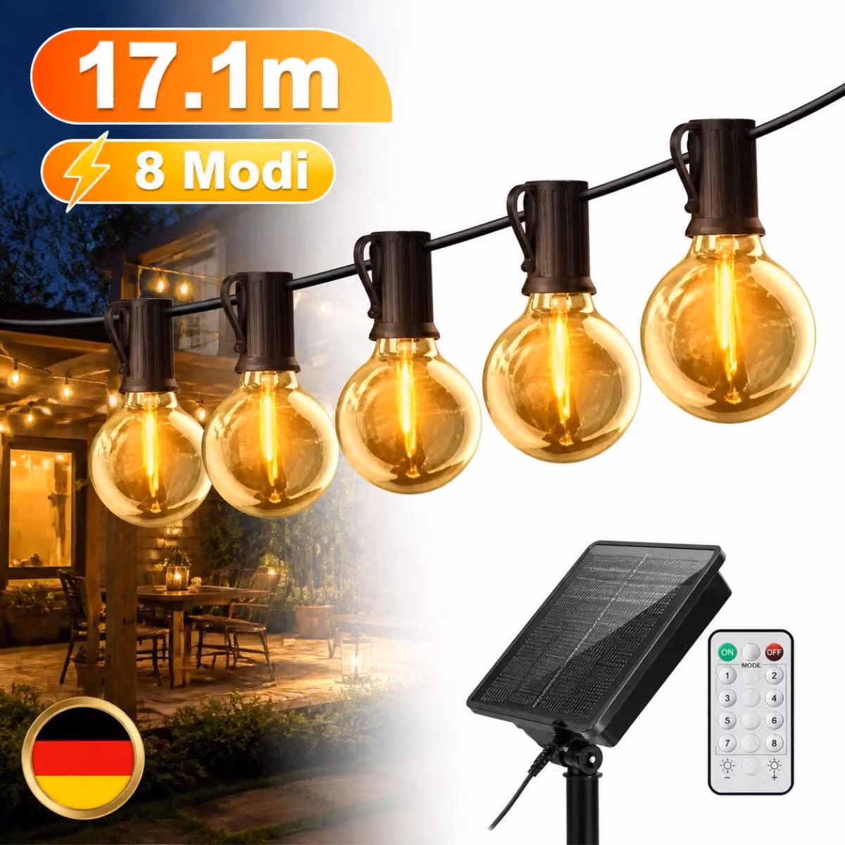 Catena luminosa solare per esterni, lunghezza 17,1 metri, con lampadine G40, resistente alle intemperie, luce bianco caldo, 8 modalità