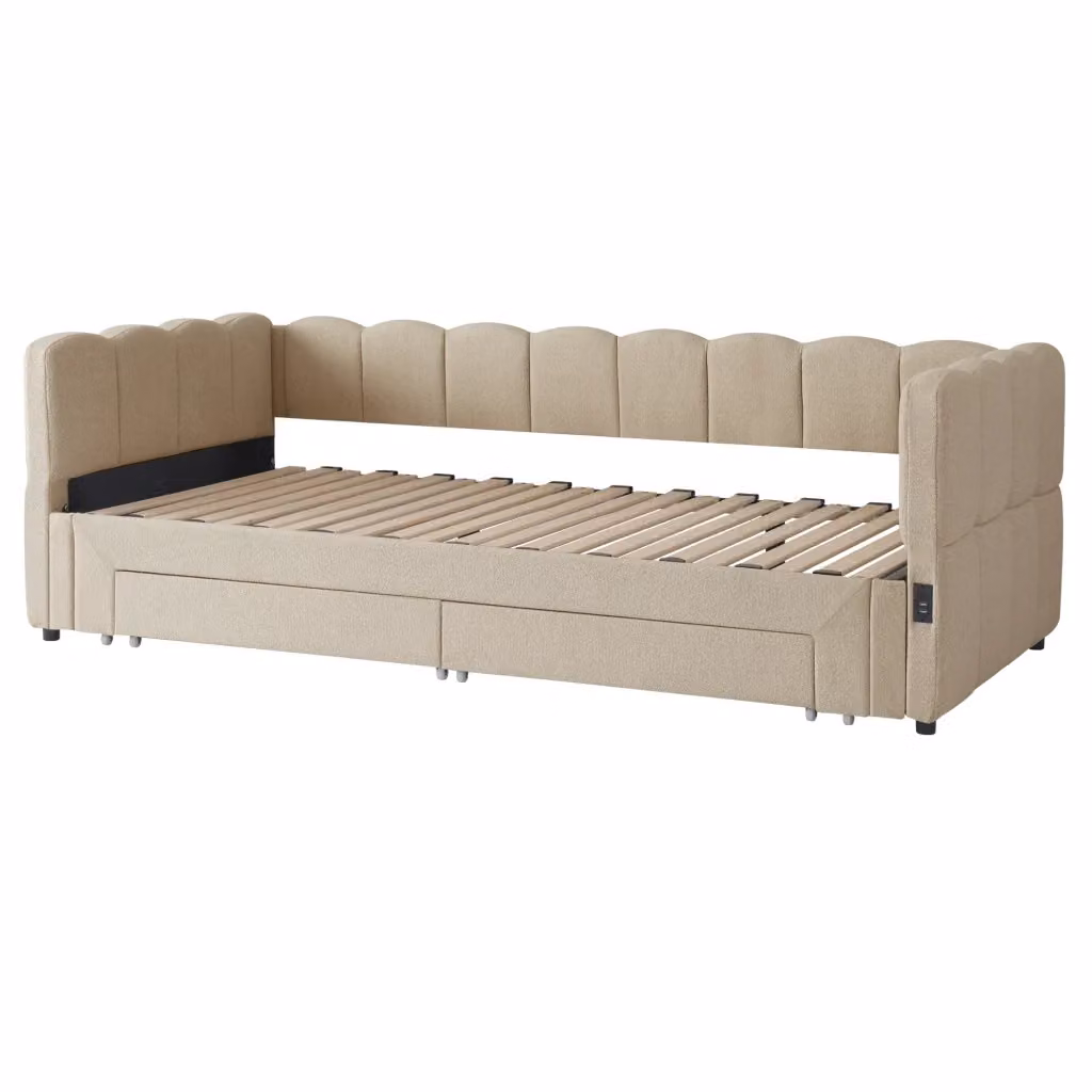 Letto imbottito Minimal beige con cassetti e porta USB per camera da letto o bambini L/P/H: 180 x 200 cm – 2