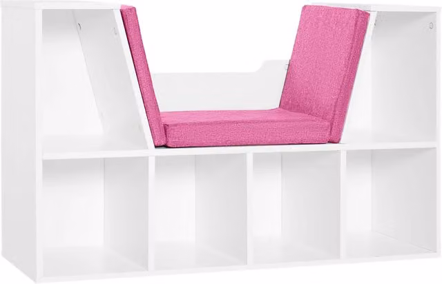 Libreria Minimal con Seduta e 6 Cubi per Cameretta Bambini Bianco e Rosa L 102 x P 30 x H 61 cm