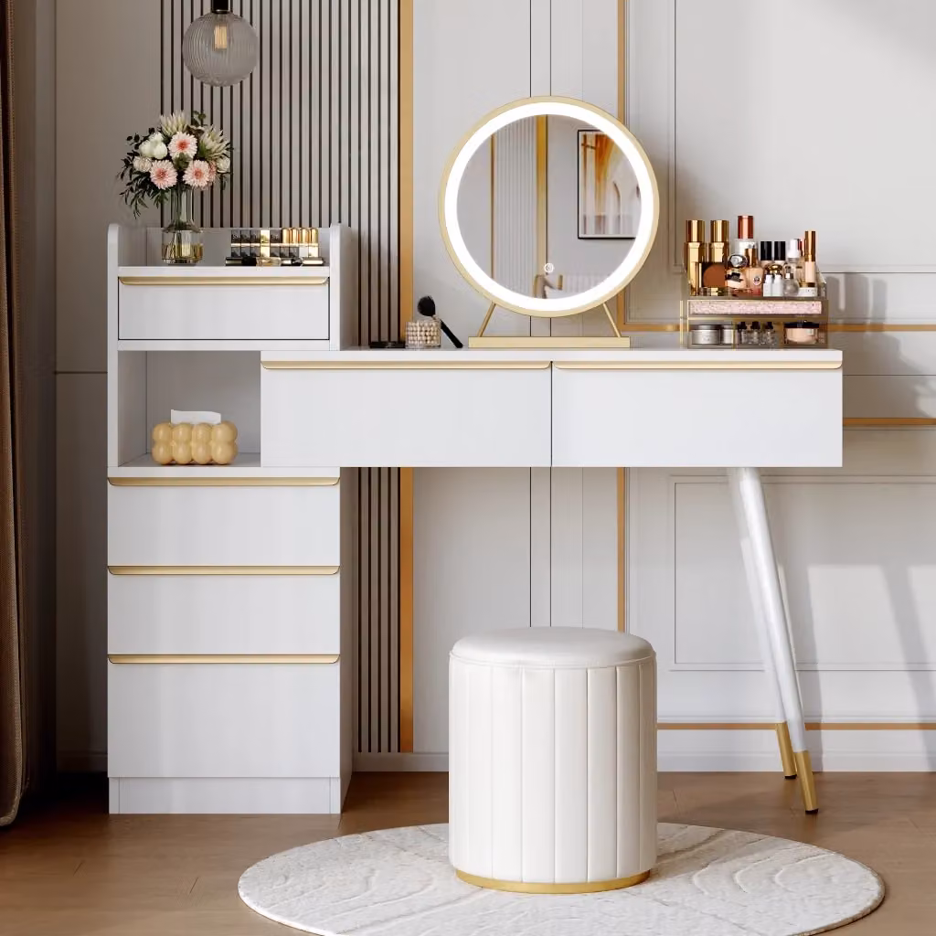 Toeletta WISHDOR con piano estraibile, 6 cassetti, specchio LED dimmerabile e finitura bianca – 2