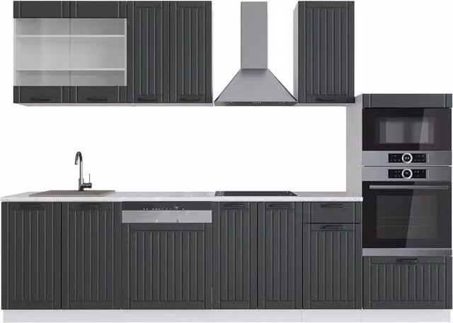 Cucina componibile Fame-Line Vicco in stile rustico, colore antracite e bianco, larghezza 300 cm, con armadio alto e senza piano di lavoro – 1