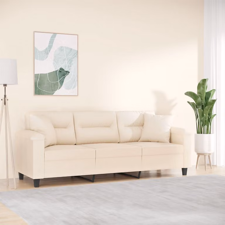 vidaXL Divano a 3 Posti Moderno in Microfibra Beige con Cuscini e Struttura in Metallo L: 210 cm, P: 80 cm, H: 77 cm