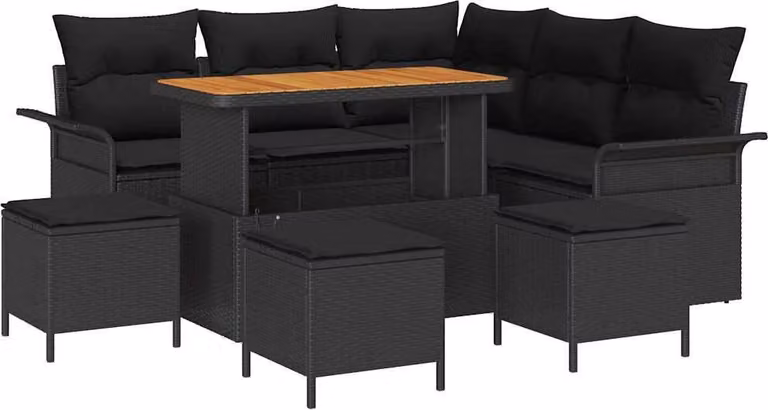 Set Divano da Giardino con cuscino 9 pcs Nero polyrattan