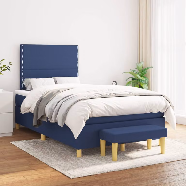 vidaXL Letto Ibrido con Giroletto a Molle e Materasso in Tessuto Blu e Bianco L/P: 120 x 200 cm
