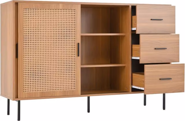 Credenza con 2 ante scorrevoli e 3 cassetti con ripiani regolabili, stile country, per soggiorno e sala da pranzo, 140x91x37 cm, finitura naturale