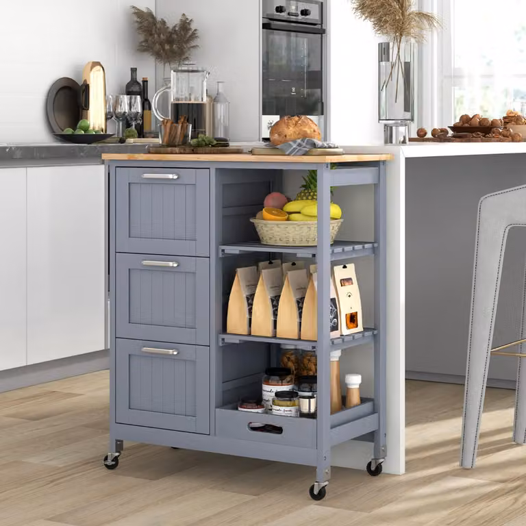 Isola cucina con ruote bloccabili Costway, carrello multiuso moderno con piano in legno di gomma e 2 ripiani rimovibili, Grigio