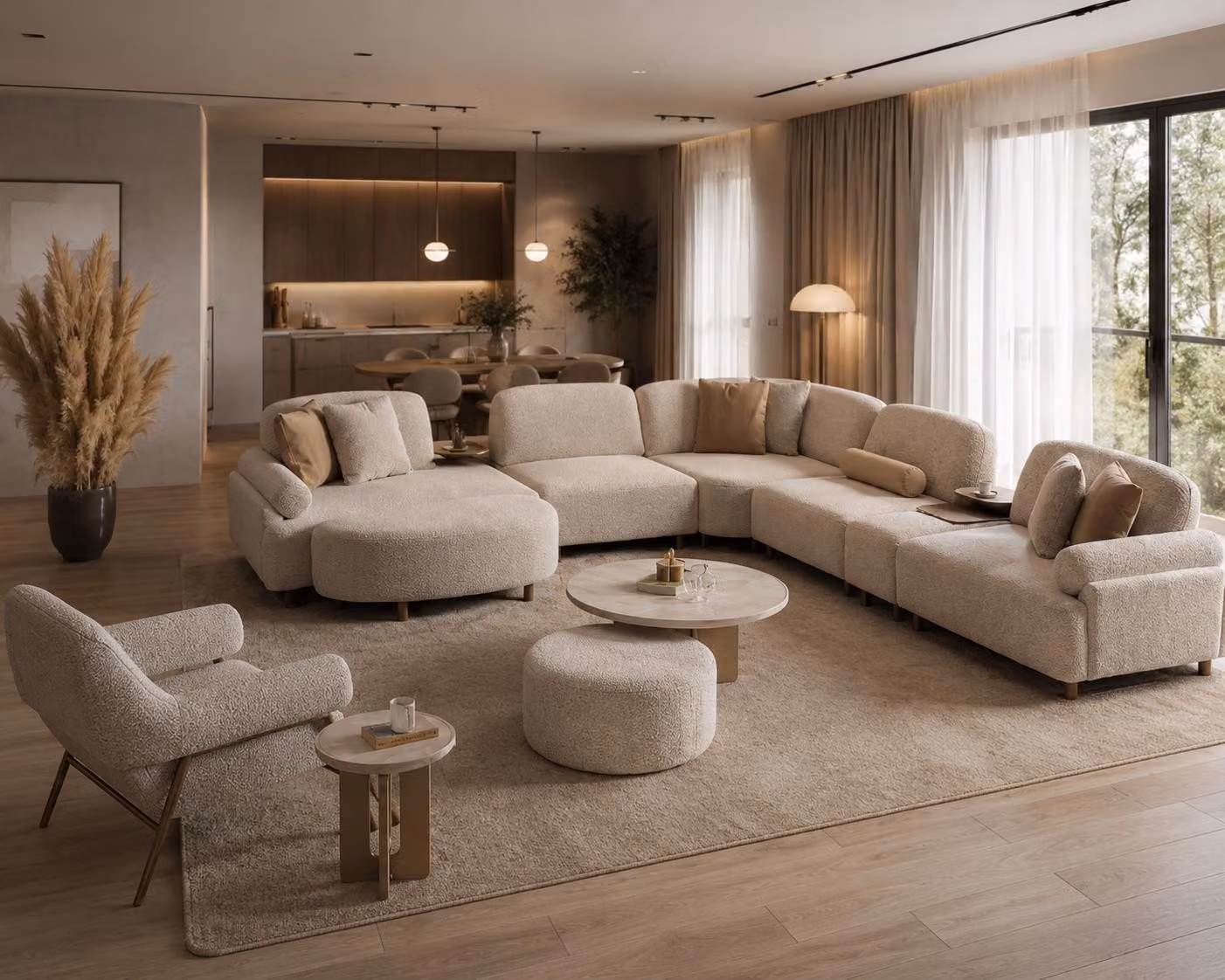 Divano beige a forma di L, composto da divano, poggiapiedi e poltrona, in 3 pezzi
