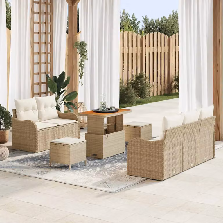 Set Divano da Giardino vidaXL 8 Pezzi Beige con Cuscini e Tavolino in Polyrattan e Acciaio