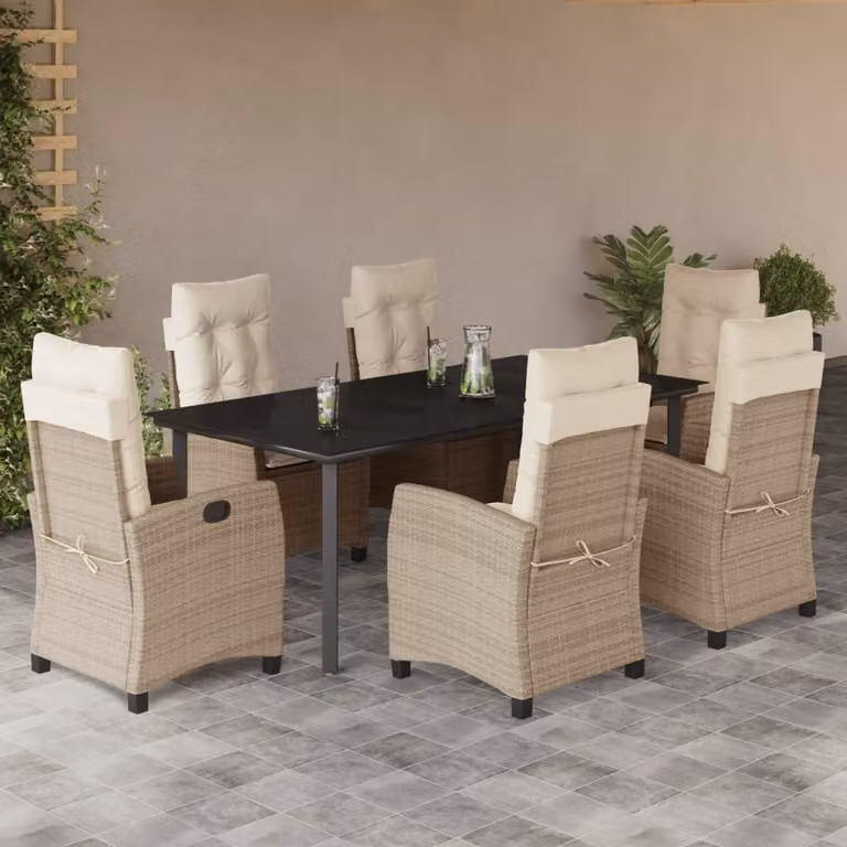 Set da Pranzo da Giardino vidaXL 7 pz in Polyrattan con Cuscini Beige e Tavolo in Vetro