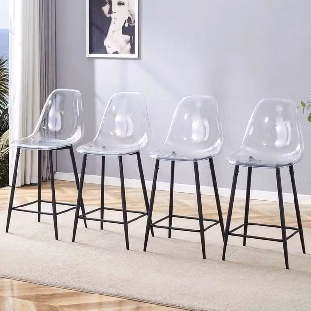 Set di 4 sgabelli da bar Minimal con gambe in metallo per cucina e sala da pranzo, nero e trasparente
