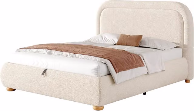 Letto imbottito MODFU con vano contenitore idraulico in bouclé beige e struttura in legno, L/P/H: 216 x 157 x 97 cm
