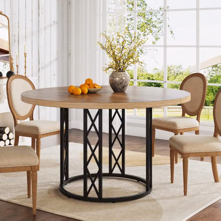 Tavolo rotondo da pranzo per 4 persone, tavolo da cucina moderno con piano in legno effetto venatura e struttura in metallo, tavolo rotondo rustico per sala da pranzo e soggiorno