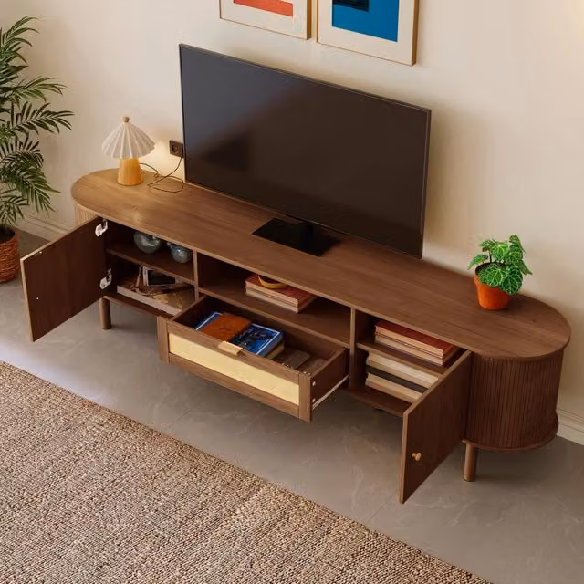 Mobile TV con 2 ante semicircolari, cassetti scorrevoli e vano aperto, per soggiorno, MDF noce, 175 × 36 × 51 cm