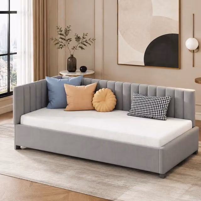 Divano letto Mivray in velluto grigio con testiera reversibile e rete a doghe, L/P/H: 197 x 97 x 65 cm