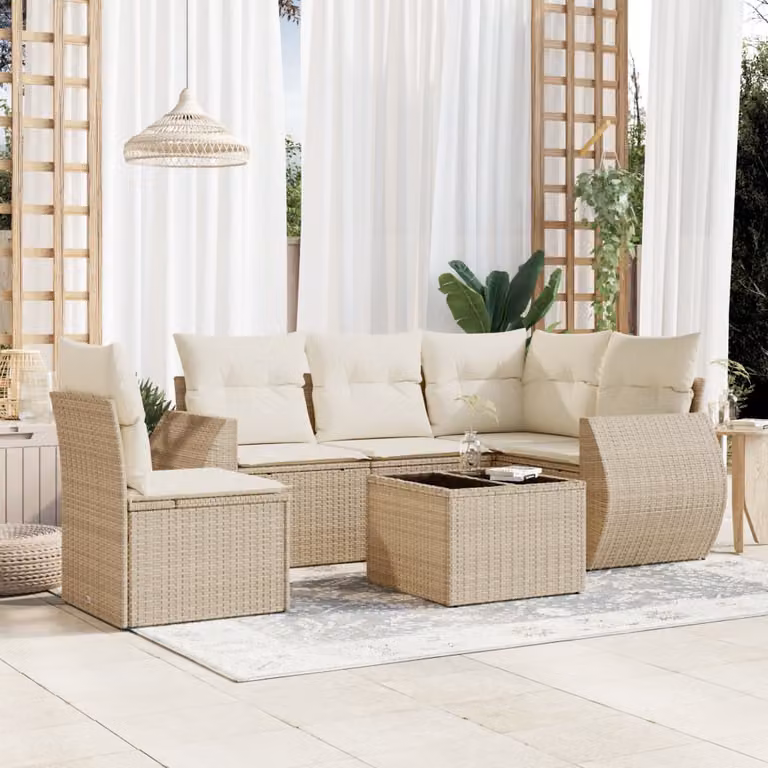 vidaXL Set Divano da Giardino a L 6 pz con Cuscini Beige e Tavolino in Metallo e Polyrattan
