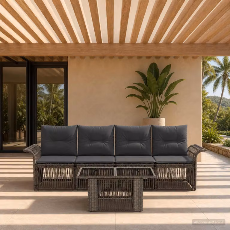 Set Divano da Giardino vidaXL 5 Pezzi in Polyrattan Grigio e Antracite con Cuscini e Tavolino