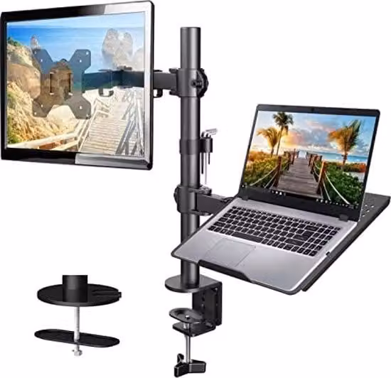 Braccio per monitor con caricabatterie per laptop per schermi da 13 a 32 pollici e notebook da 17 pollici, monitor e stand per laptop, braccio per monitor per scrivania con montaggio VESA 75/100