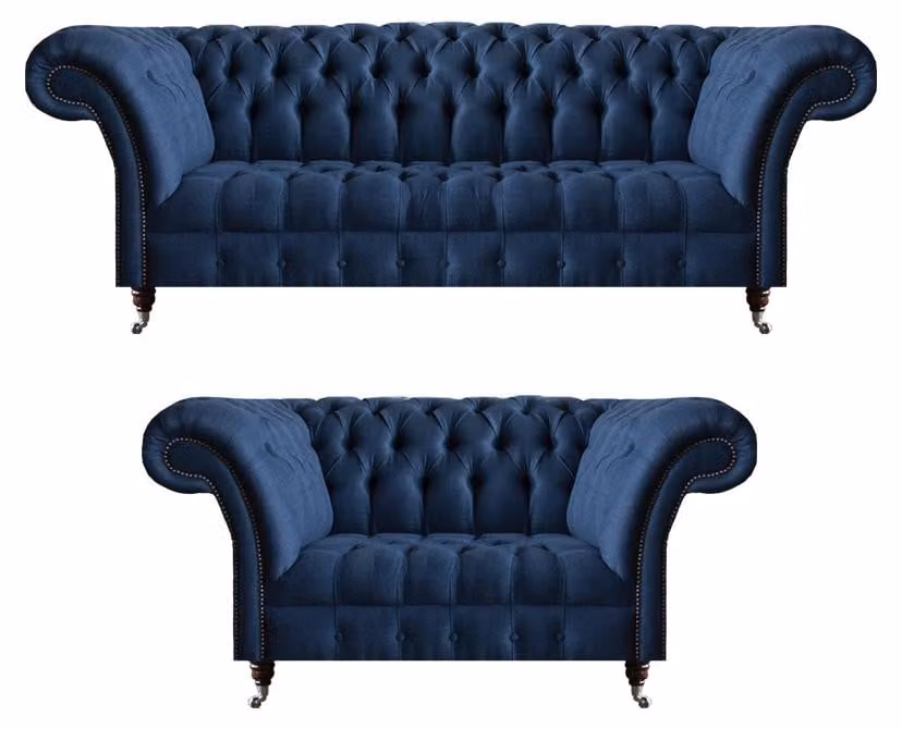 Blaue Sofagarnitur Chesterfield Textil Couchen Dreisitzer Zweisitzer 2tlg