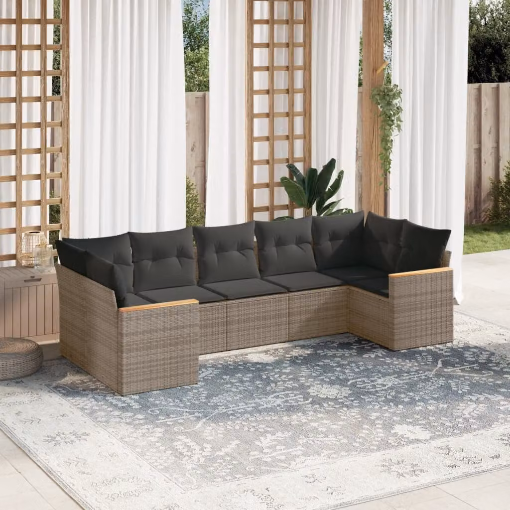 Set di divani da giardino a L vidaXL in polyrattan grigio con 7 pezzi e cuscini imbottiti – 1