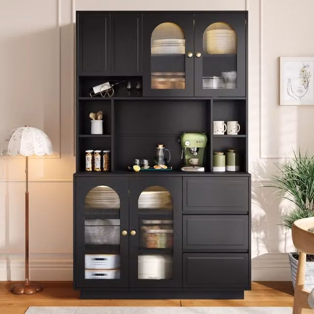 Credenza alta WISHDOR moderna in MDF nero opaco con ante ad arco, vano aperto, illuminazione LED integrata e chiusura soft-close, L: 62.6 cm, P: 30.0 cm, H: 175.0 cm
