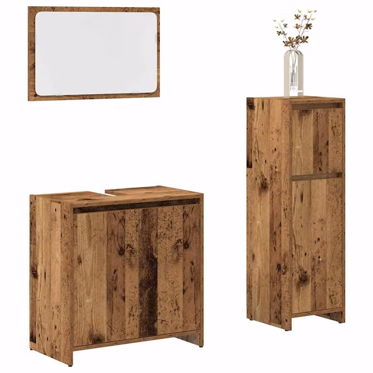 Set di mobili da bagno vidaXL 3 pezzi in legno color marrone antico con mobile lavabo, armadietto specchio e mobile laterale