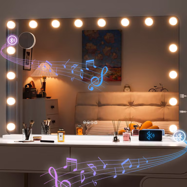 Specchio da trucco, dimensioni 35x24 pollici, con illuminazione LED, Bluetooth, 3 modalità di colore e porta USB