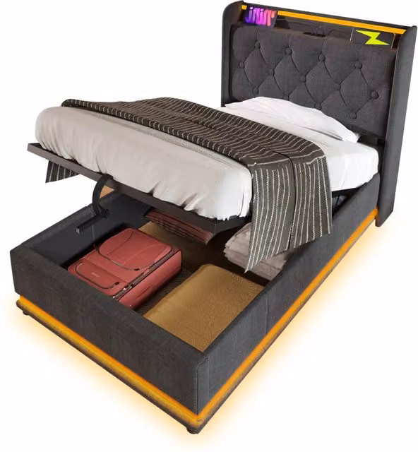 Letto singolo 90x200 in lino grigio con LED 360°， vano idraulico