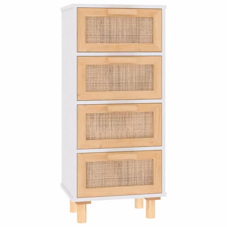 Credenza Bianca 40x30x90cm Legno Massello Pino Rattan Naturale