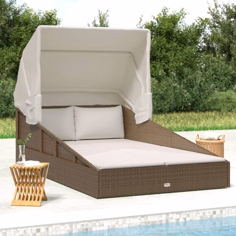 vidaXL Lettino da giardino in rattan con tetto pieghevole e struttura in acciaio, Marrone, L: 200 cm, P: 114 cm, H: 128 cm