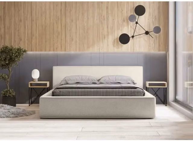 Letto contenitore VELORA Meublorama color sabbia beige in tessuto bouclé con rete sollevabile L/P: 180 x 200 cm – 1