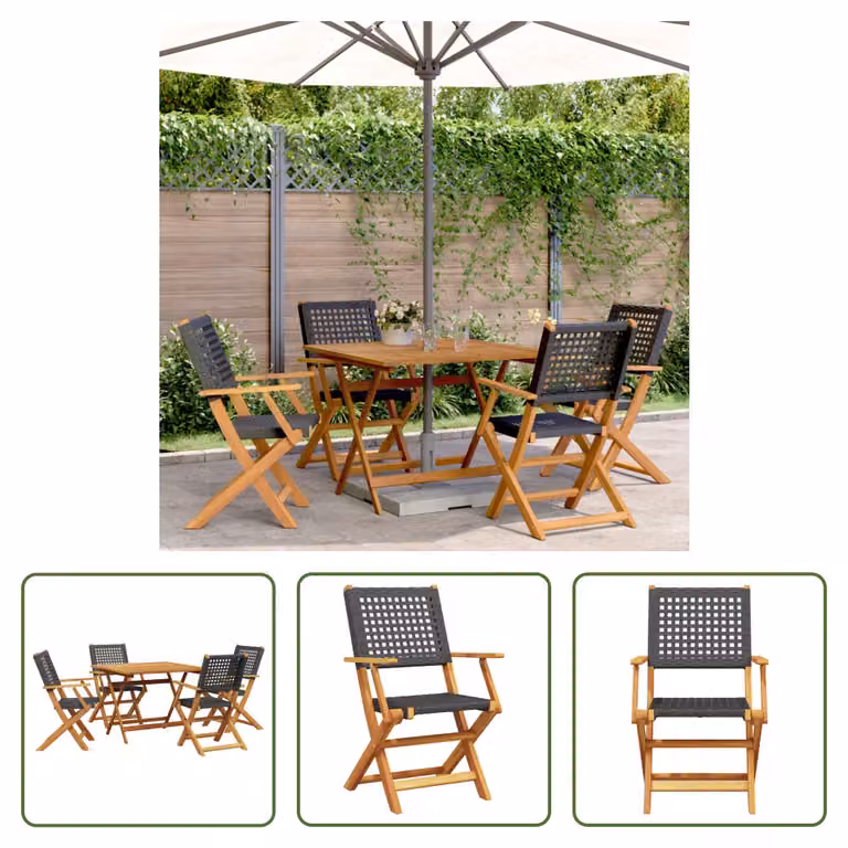 The Living Store Set da pranzo da giardino 5 pezzi in rattan sintetico nero e legno massello