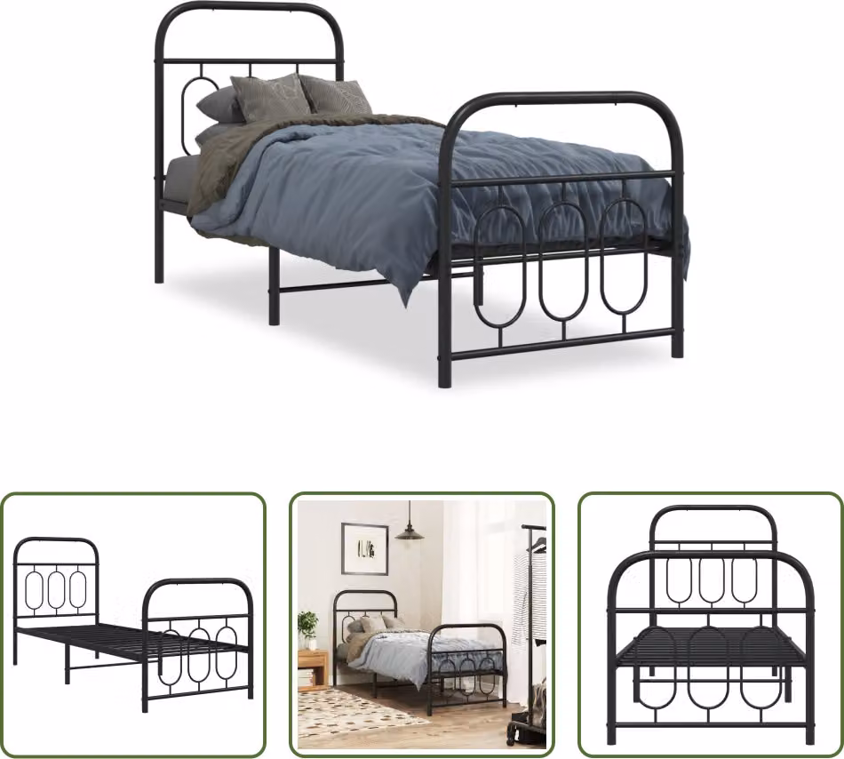 The Living Store Struttura letto con testiera e pediera in metallo nero 75x190 cm