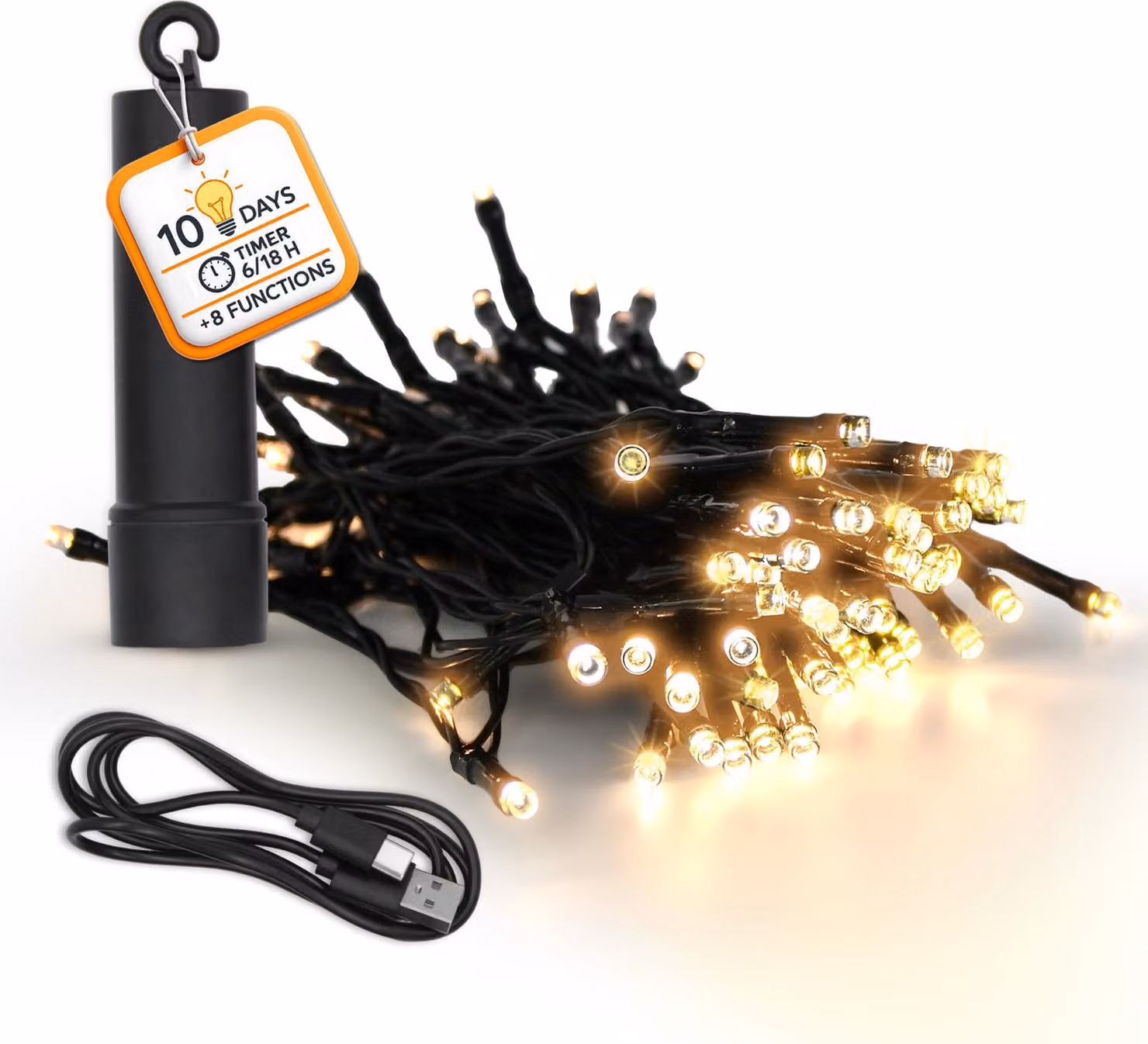 Fata a batteria ricaricabile via USB fino a 10 giorni di illuminazione con timer - 50 LED su 3,7 m - luce decorativa per esterni bianco caldo con 8 funzioni