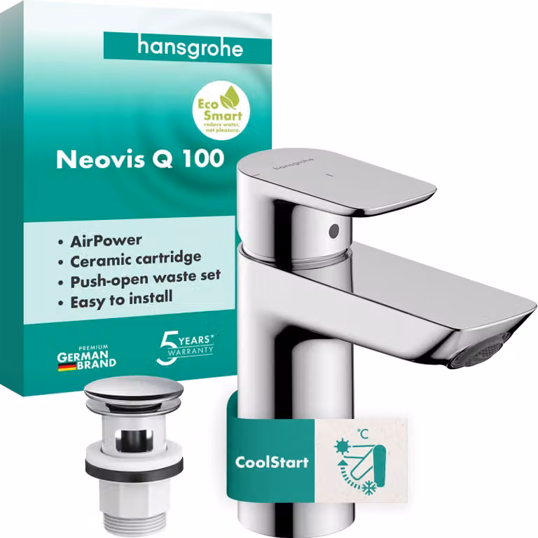 Miscelatore per lavabo con sistema di scarico a pulsante, finitura cromata, altezza del beccuccio 96 mm