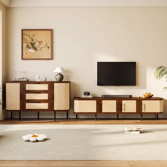 Set soggiorno moderno con mobile TV 180 cm e sideboard 120 cm; MDF noce con fronti effetto intreccio