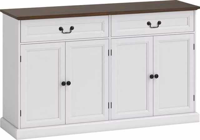 Buffet da cucina e mobile da salotto HOMCOM con 4 ante, 2 cassetti soft-close e ripiani regolabili, Bianco e marrone, L: 140 cm, P: 40 cm, H: 85 cm – 1