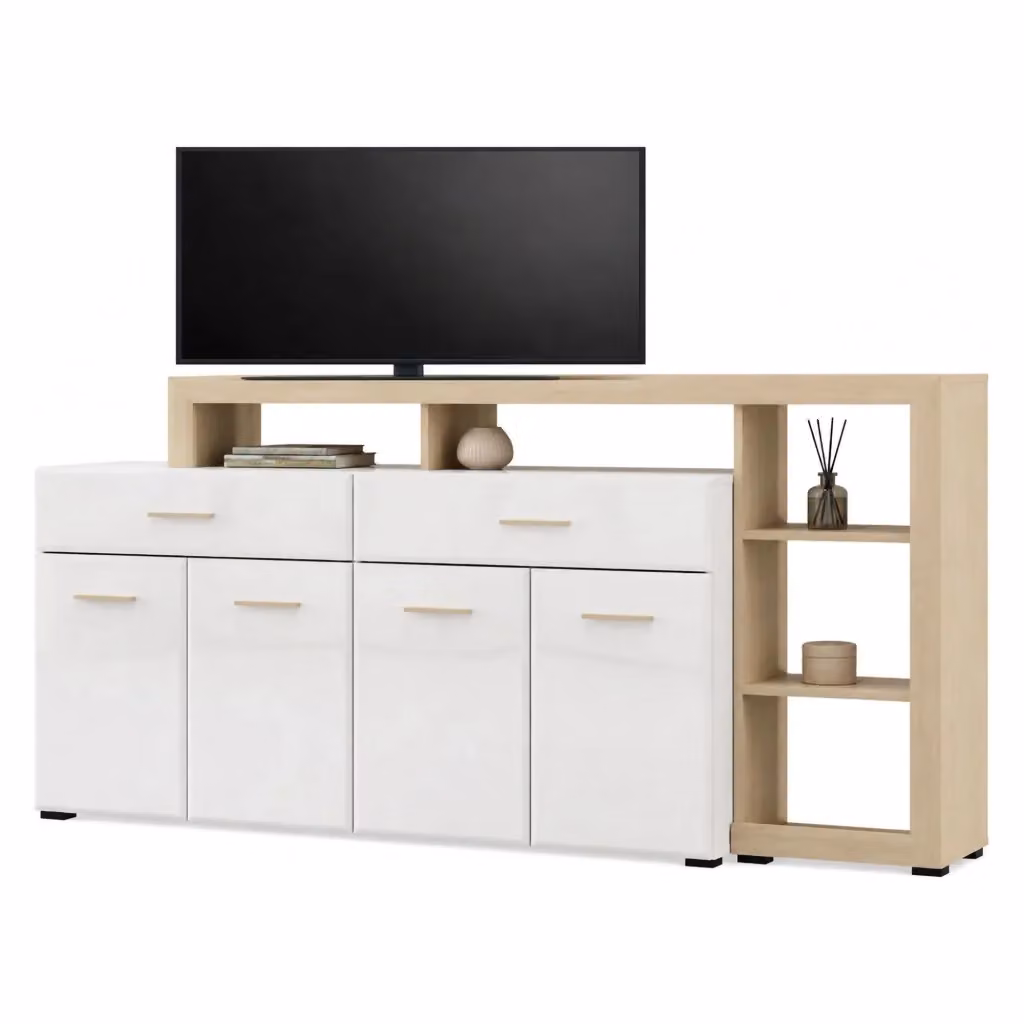 Madia DMORA Dovad con 2 cassetti, colore bianco e rovere, L: 189 cm, P: 42 cm, H: 100 cm – 2