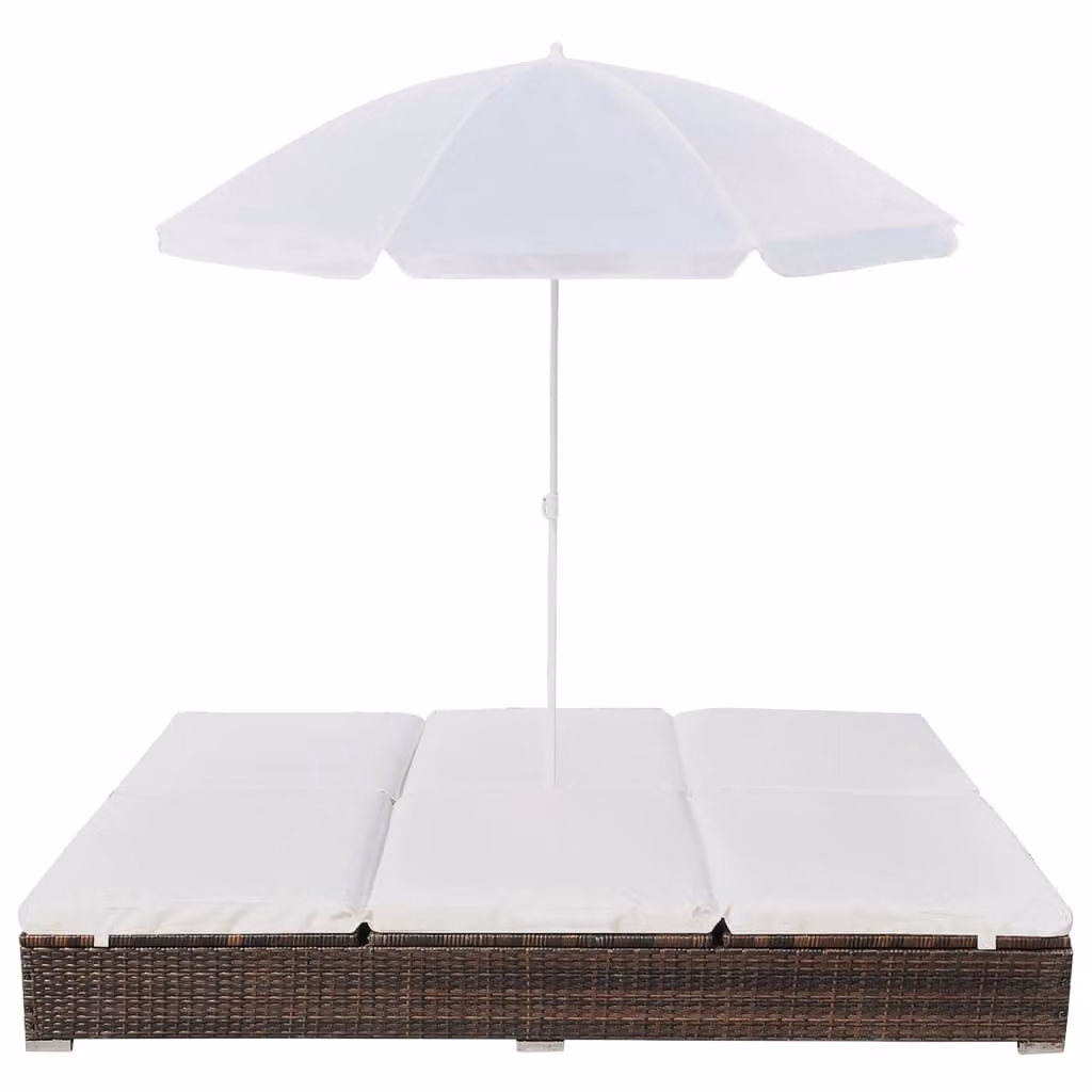 Lettino Prendisole con Ombrellone in Polyrattan Marrone