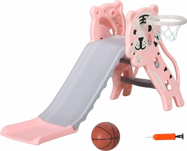 AIYAPLAY Scivolo per Bambini con Canestro da Basket Laterale in Plastica, Rosa e Grigio, L 133 cm x P 60 cm x H 70 cm – 1