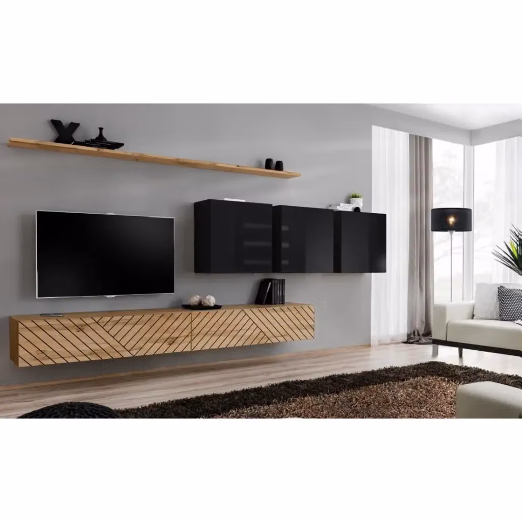 Set di mobili da soggiorno SWITCH VII Meublorama in Rovere e Nero lucido con design moderno e larghezza 340 cm – 2