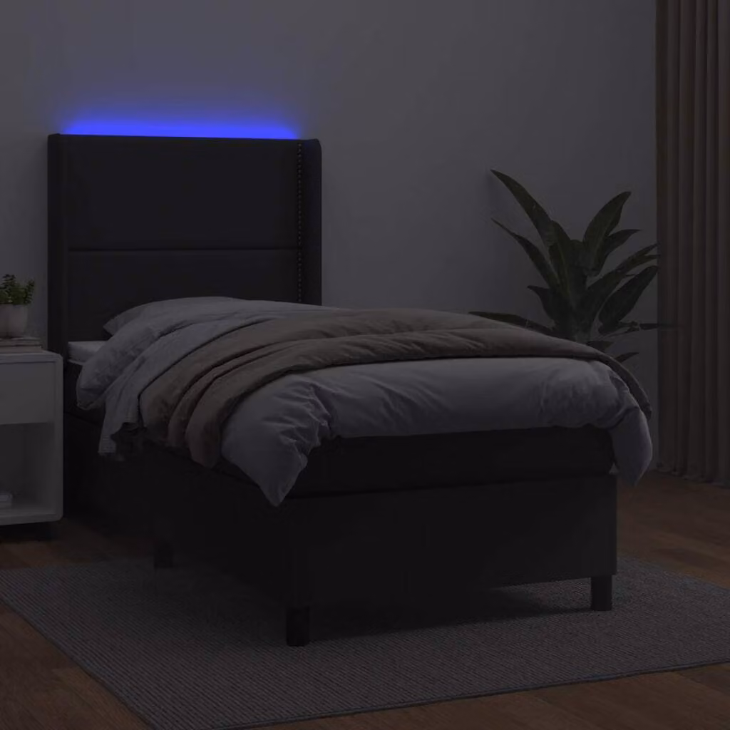 The Living Store Letto a molle con materasso e LED nero 90x200 cm in ecopelle