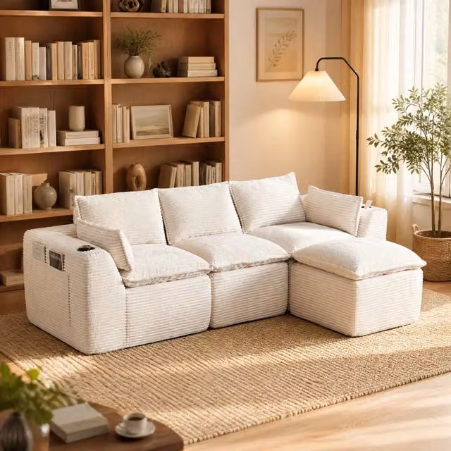 Divano modulare 3 posti con pouf; tasche laterali; velluto a coste beige; 256x161x75 cm